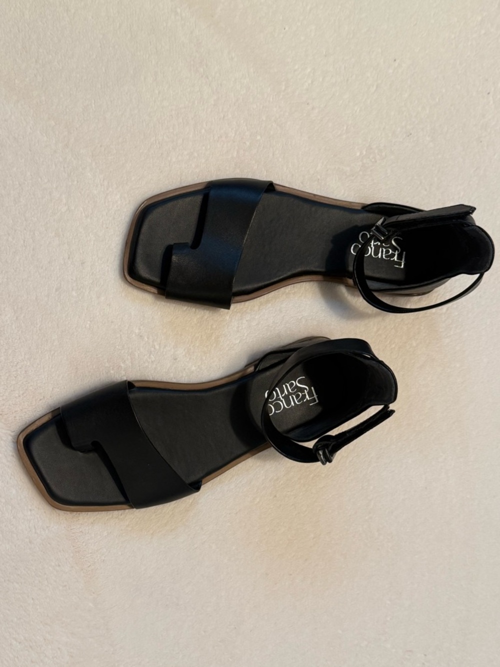 Franco Sarto Black Leather Ankle-Strap Flat Sandals